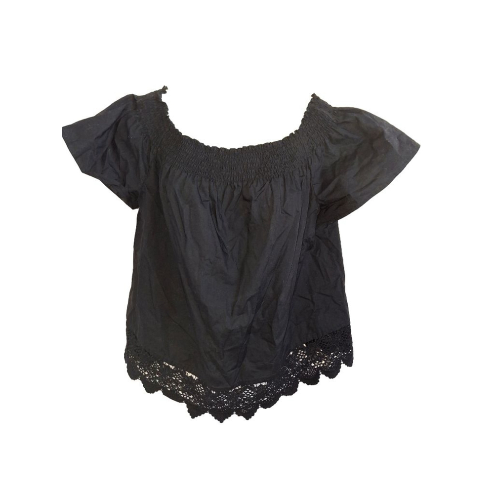 100% cotton Who What Wear Black Off-Shoulder Blouse with Lace Trim L Witchy